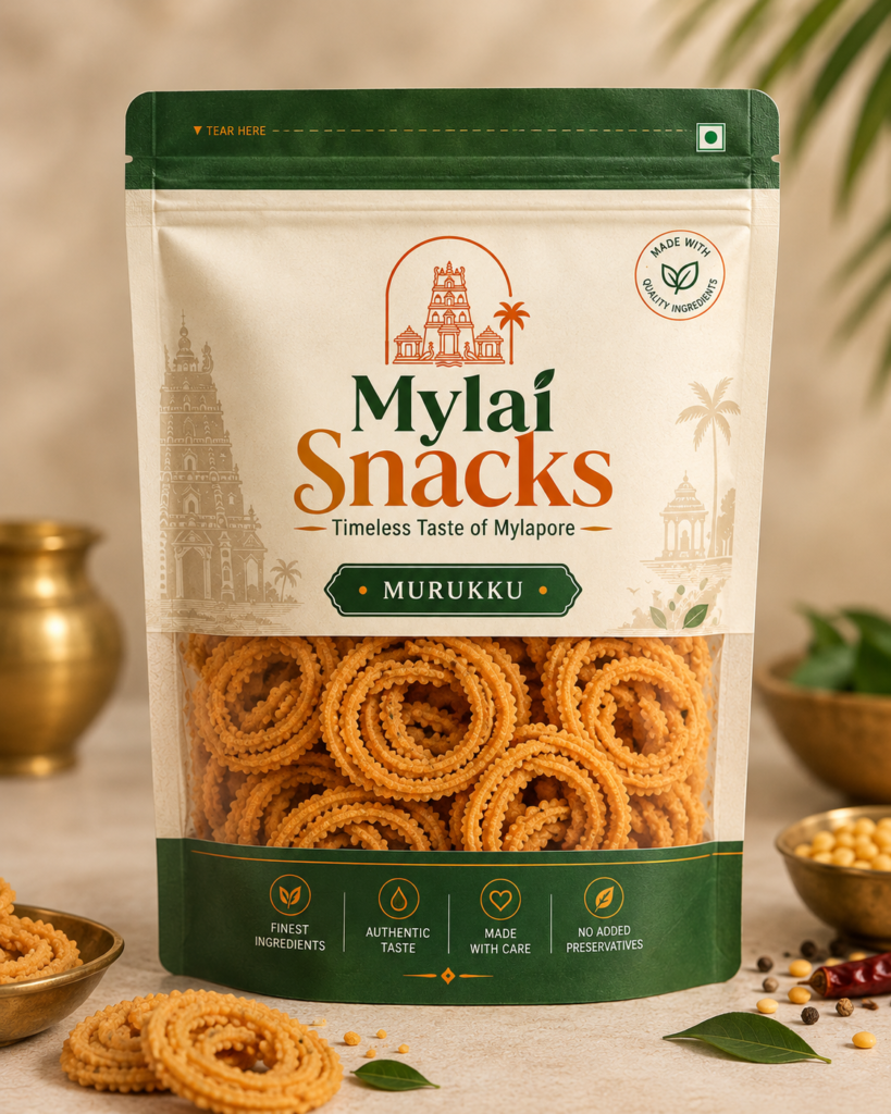 Mylai Snacks murukku pouch with traditional Mylapore design