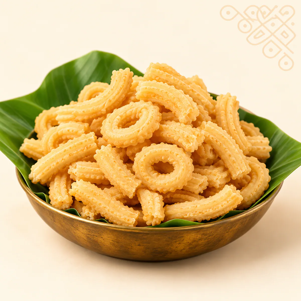 Butter Murukku served in a traditional brass bowl on banana leaf
