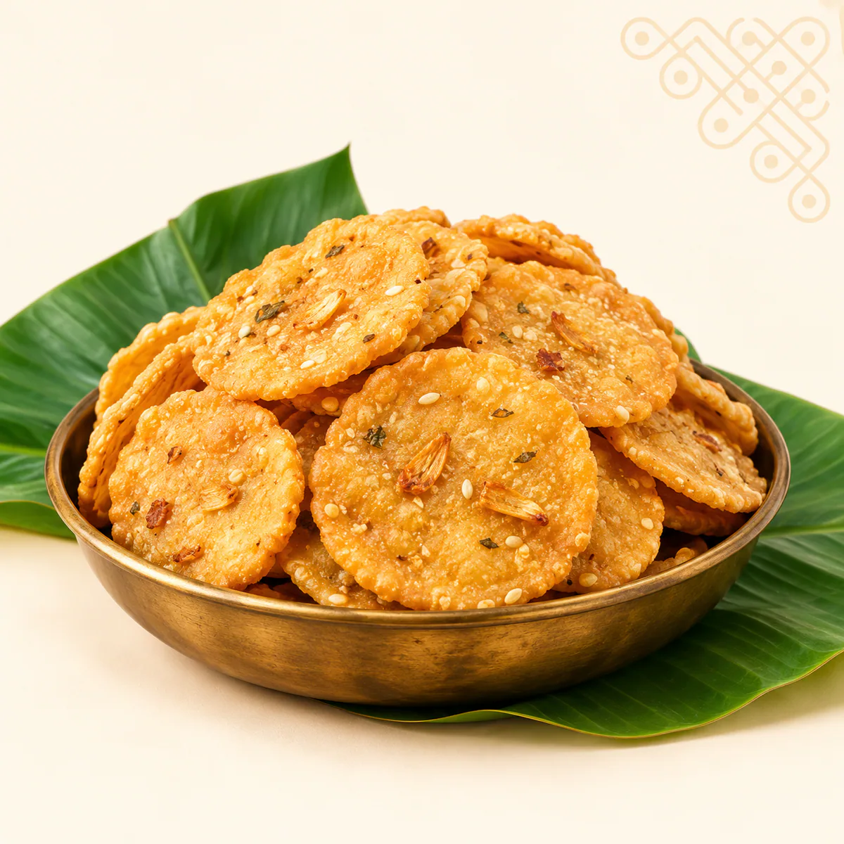 Garlic Thattai served in a traditional brass bowl on banana leaf