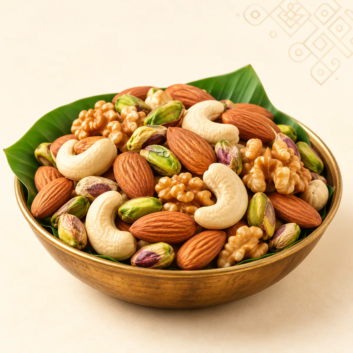 Mixed Nuts served in a traditional brass bowl on banana leaf