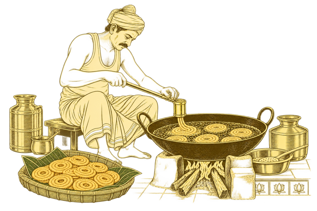 Traditional Tamil snack maker in thalapakattu preparing murukku in a large kadai