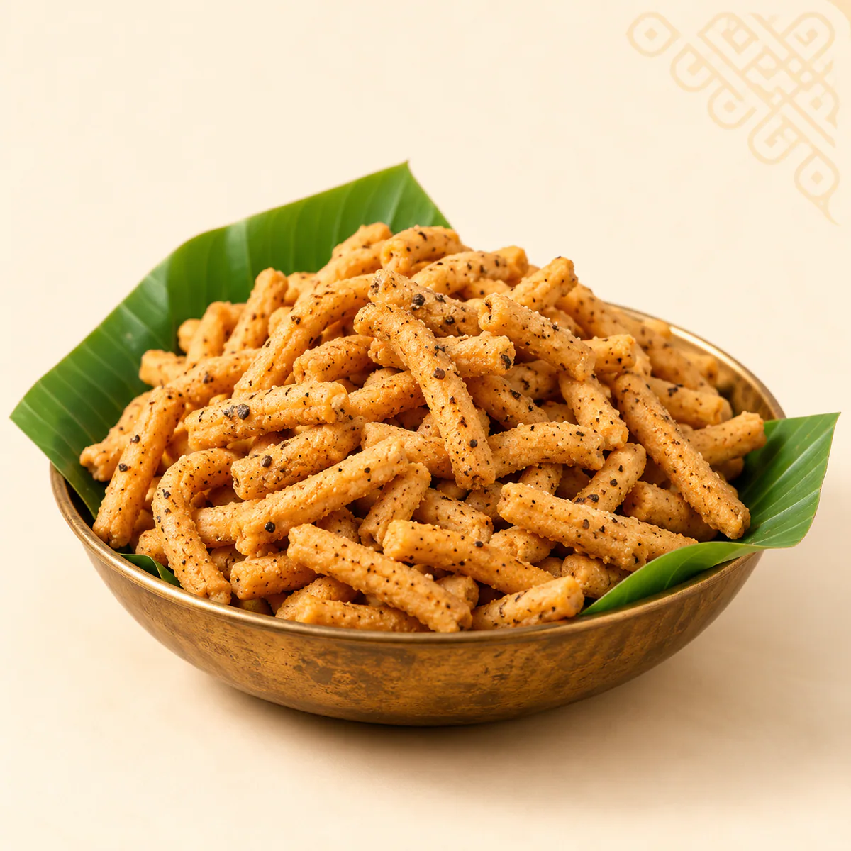 Pepper Kara Sev served in a traditional brass bowl on banana leaf