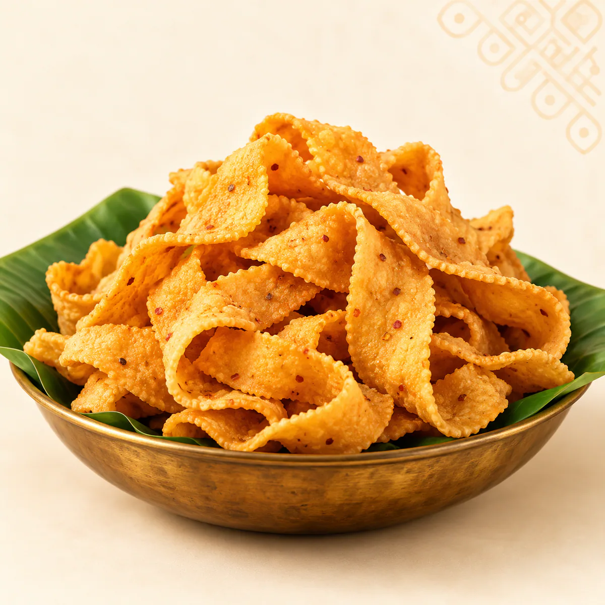 Ribbon Pakoda served in a traditional brass bowl on banana leaf