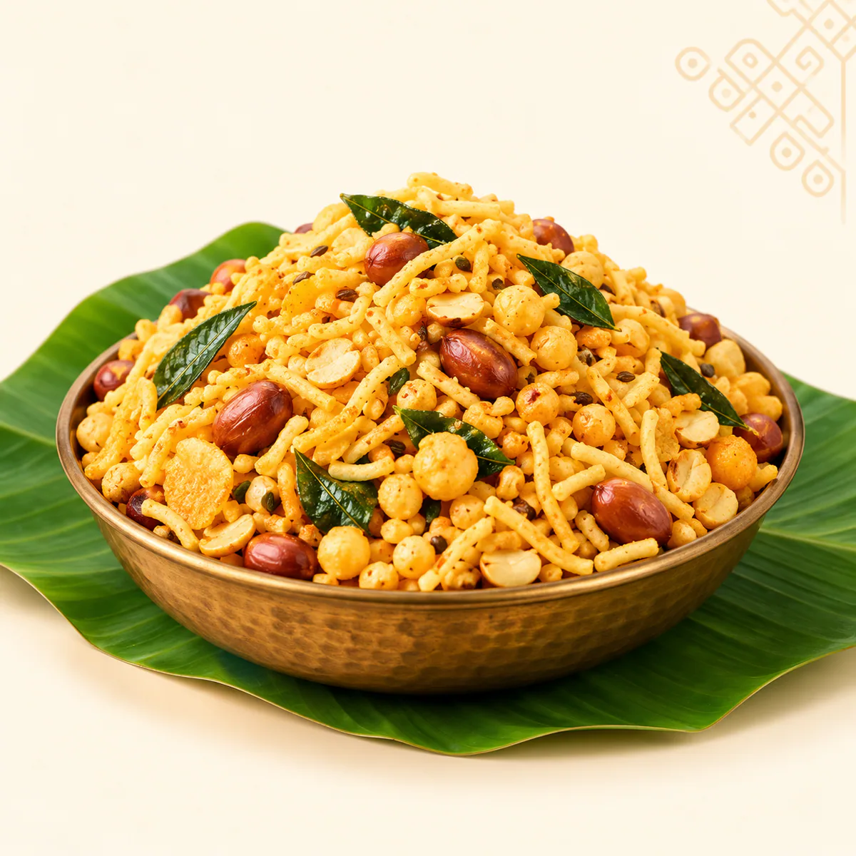 Special Mixture served in a traditional brass bowl on banana leaf